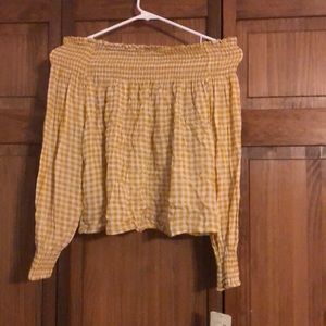 Yellow checkered off the shoulder long sleeve